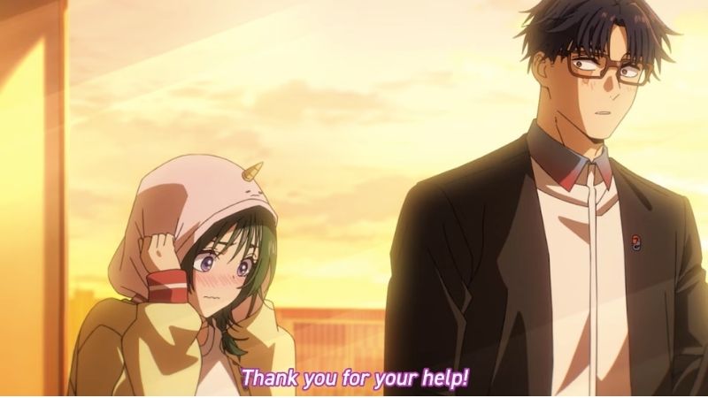 Blushing girl with green hair in a hoodie stands beside a serious man in a suit and glasses at sunset; caption reads 'Thank you for your help!'