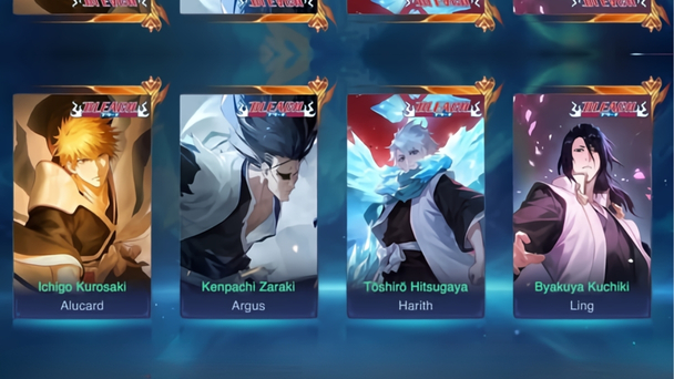 Character selection screen with four anime-style cards, each showing a portrait, name, and class: Ichigo Kurosaki (Alucard), Kenpachi Zaraki (Argus), Toshiro Hitsugaya (Harith), and Byakuya Kuchiki (Ling).