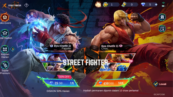 Ryu and Ken face off on a neon Street Fighter splash screen with in-game HUD elements and currency icons.