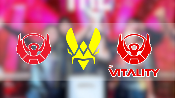 Banner with three logos—red circular figures on left and right and a yellow central emblem—over a blurred group photo, with 'by VITALITY' text.